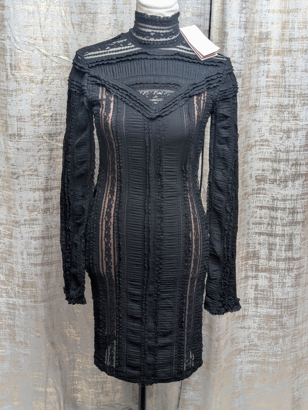 Cinq a Sept Camilla Black Lace Ruffle Mock Neck Bodycon Mini Dress NWT 0 $385